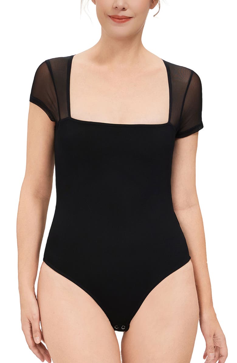 Kimi 
Kai Square Neck Sheer Sleeve Bodysuit Top, Main, color, Black
