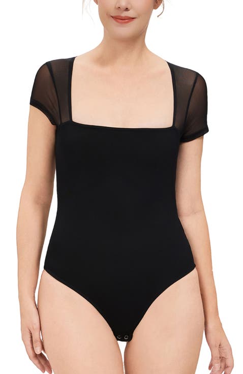 Square Neck Sheer Sleeve Bodysuit Top