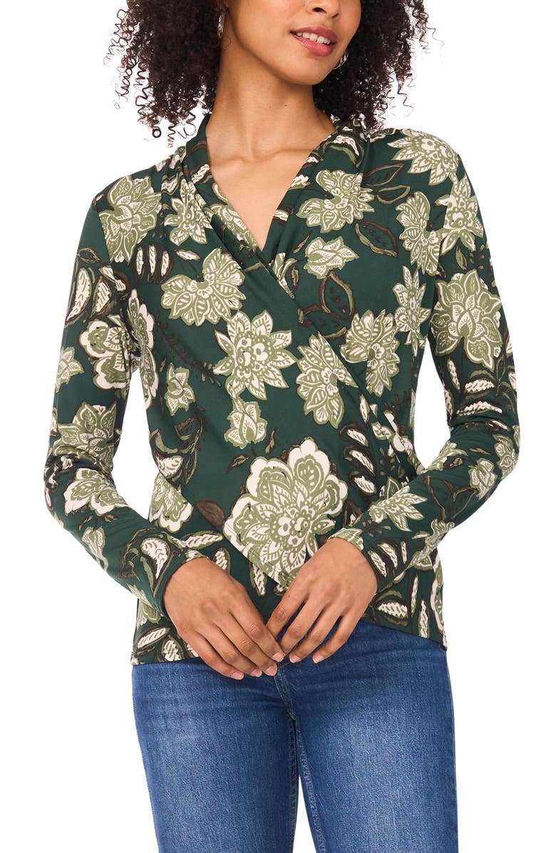 Vince Camuto Floral Print Long Sleeve Faux Wrap Top, Alternate, color, Forest Night