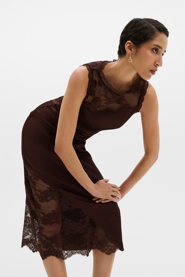 Desire Lace Trimmed Cut Out Midi Dress, Alternate, color, Espresso