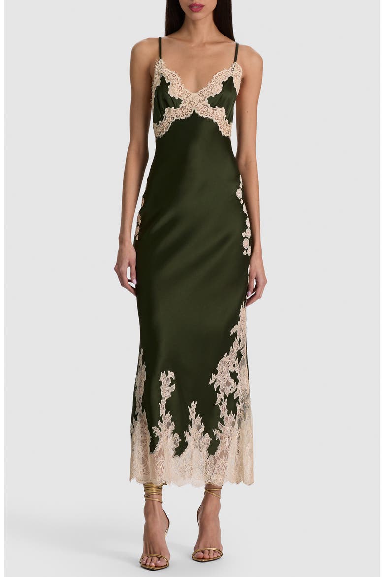 Julietta Lace Trim Slip Midi Dress, Main, color, DARK FERN/ BISCOTTI
