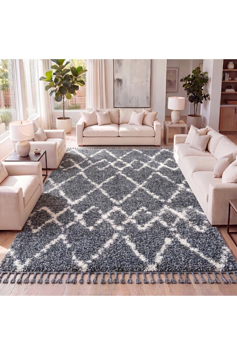 Mercer Shag Plush Tassel Moroccan  Geometric Trellis Area Rug, Alternate, color, Blue/Cream