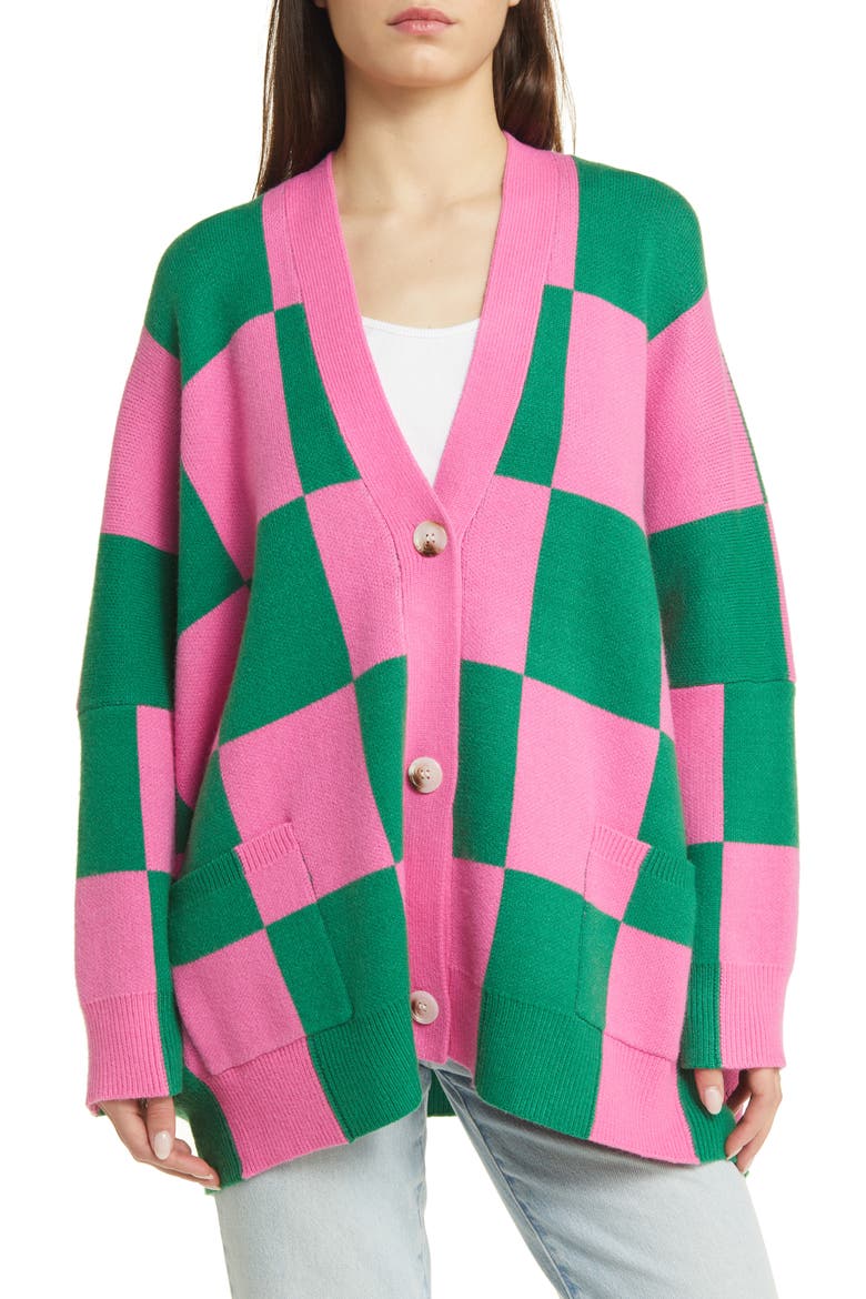 Love You Oversize Checkerboard Cardigan, Alternate, color, WATERMELON