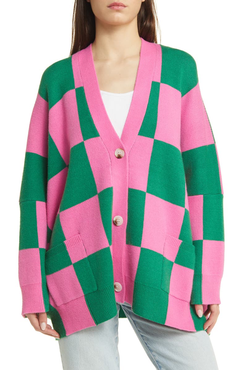 Dressed in Lala Love You Oversize Checkerboard Cardigan, Alternate, color, Watermelon
