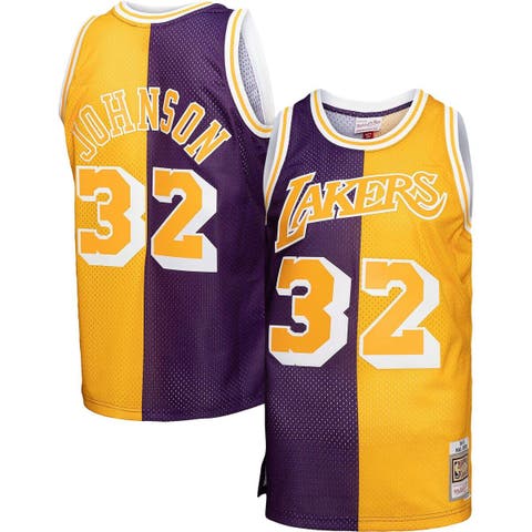 Men's Mitchell & Ness Magic Johnson Purple/Gold Los Angeles Lakers Big & Tall Hardwood Classics 1984/85 Split Swingman Jersey