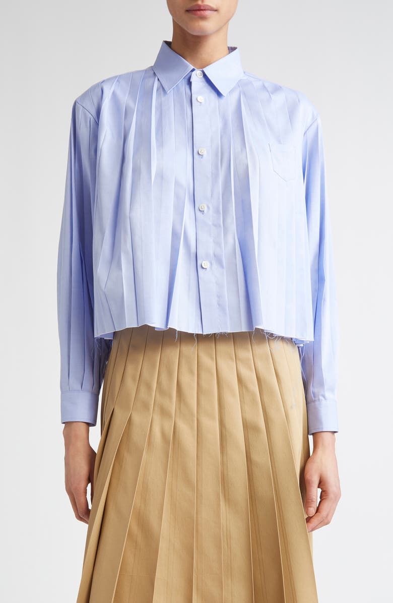Undercover Pleated Raw Hem Crop Button-Up Shirt, Main, color, 