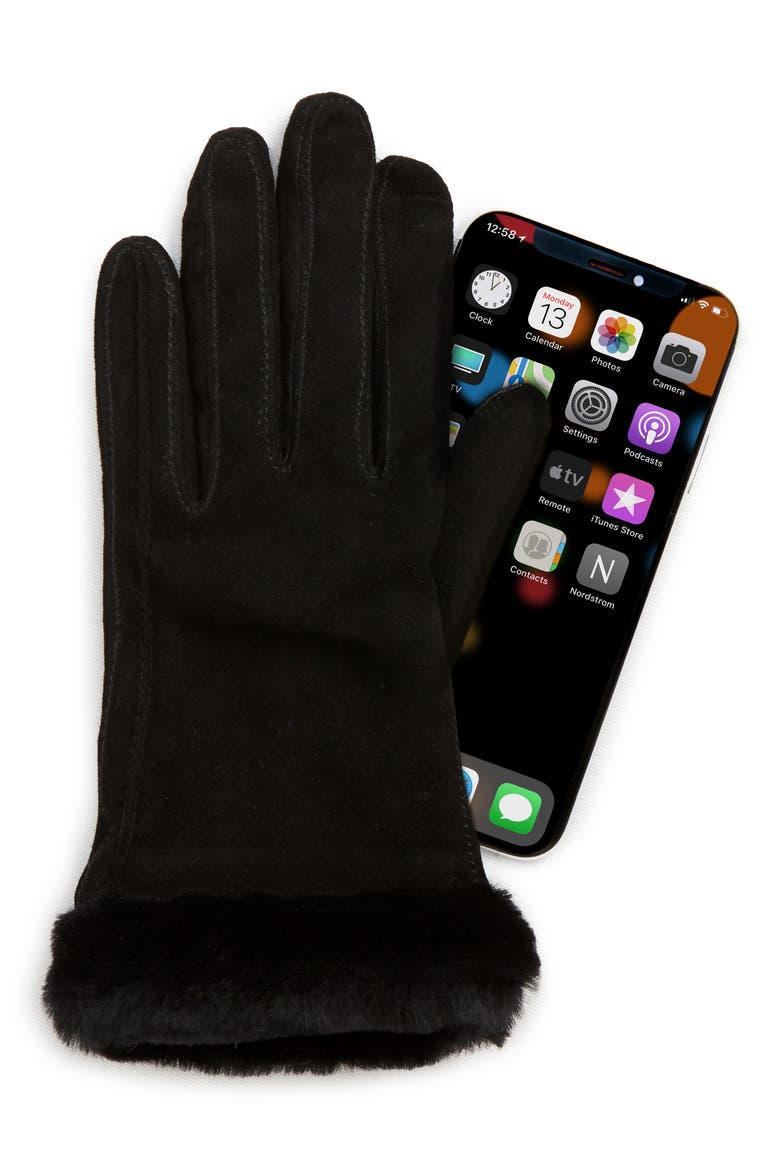 UGG® Classic Touchscreen Compatible Gloves with Genuine Shearling Trim, Alternate, color, BLACK