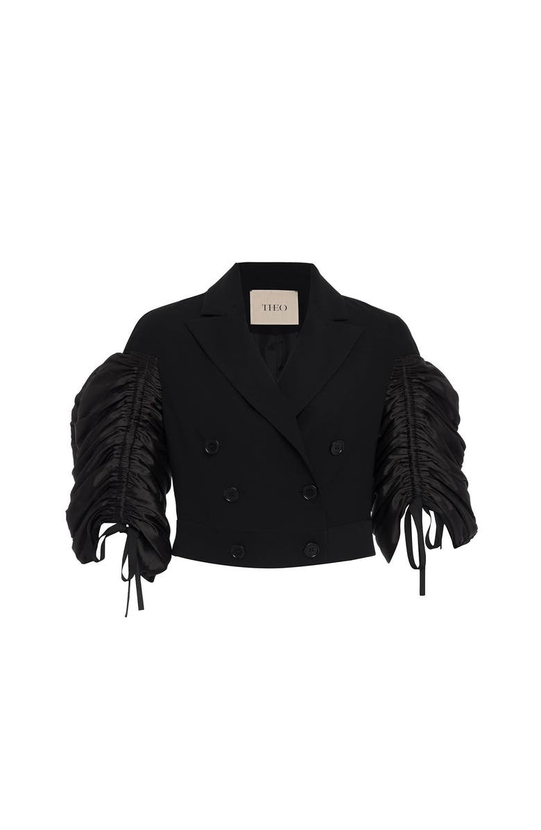 THEO The Label Daphne Ruched Taffeta Sleeve DB Jacket, Main, color, 