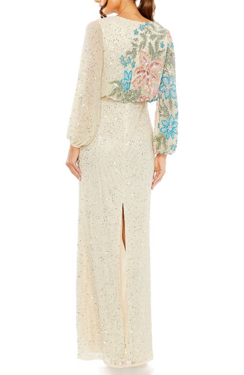 Mac Duggal Embellished Multi Color Floral High Neck Gown In Nude Multi