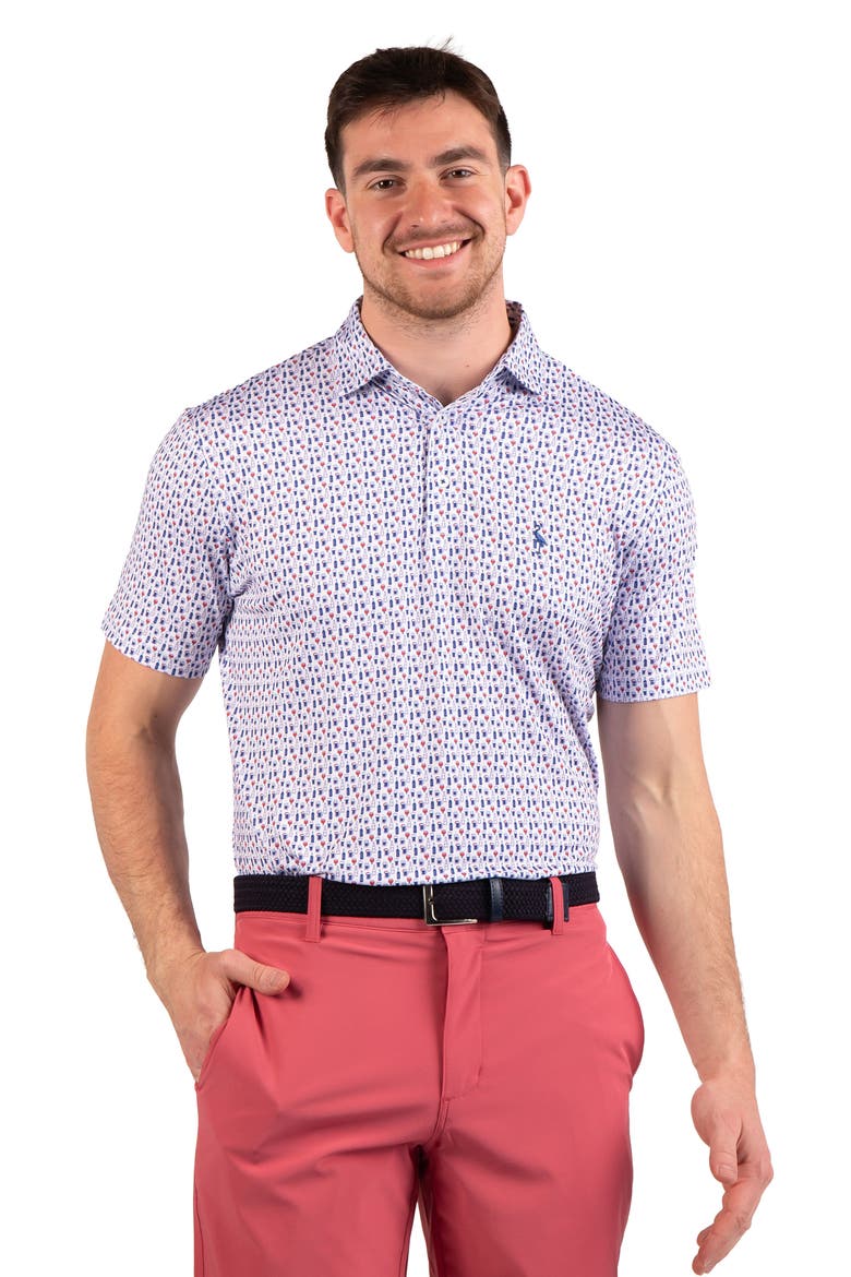 Bottoms Up Print Performance Polo, Alternate, color, BLUE/RED