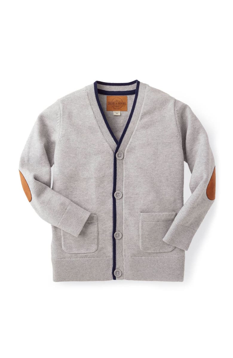 Hope & Henry Boys' Organic Tipped Cardigan with Elbow Patches, Kids, Main, color, Light Grey