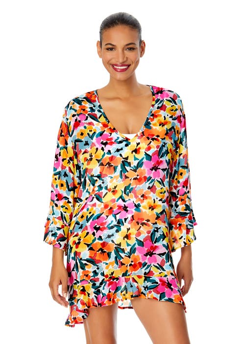 Anne Cole Gradient Floral Flounce V Neck Tunic Swimsuit Cover Up In Gradient Floral