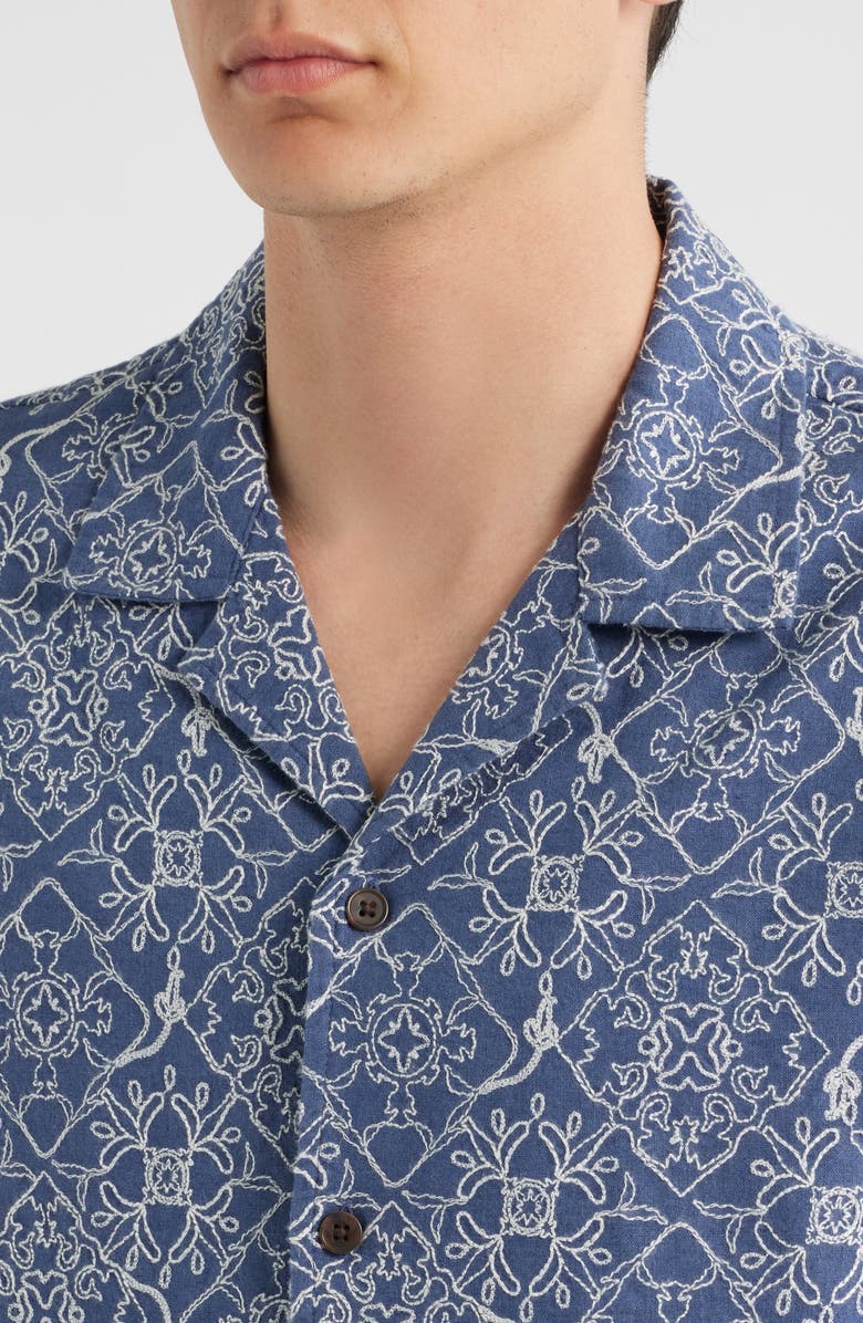 Treasure & Bond Embroidered Linen & Cotton Camp Shirt, Alternate, color, Blue Stitched Tiles