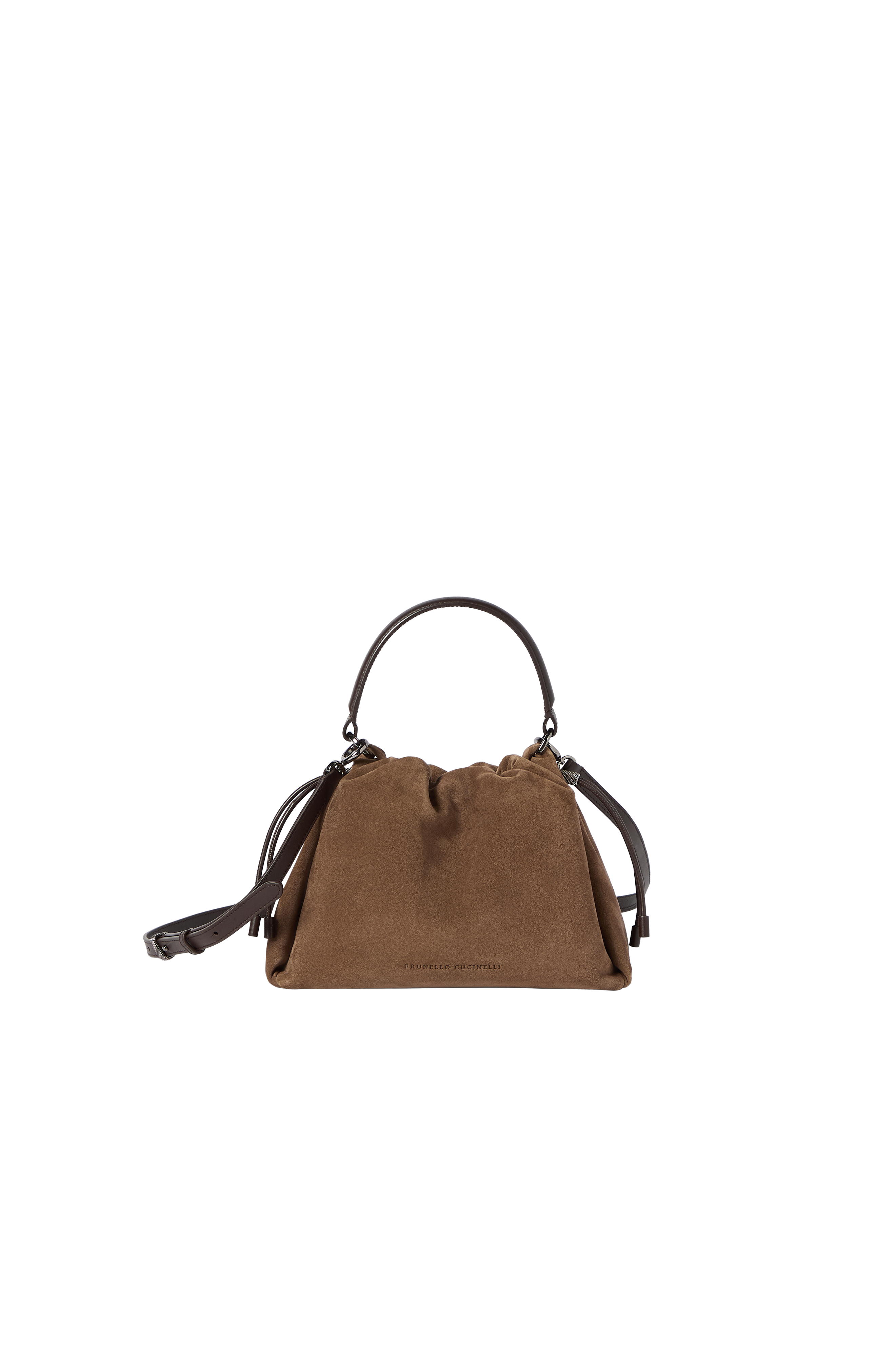 Mellow small bucket bag in suede with monili, Alternate, color, Caramel