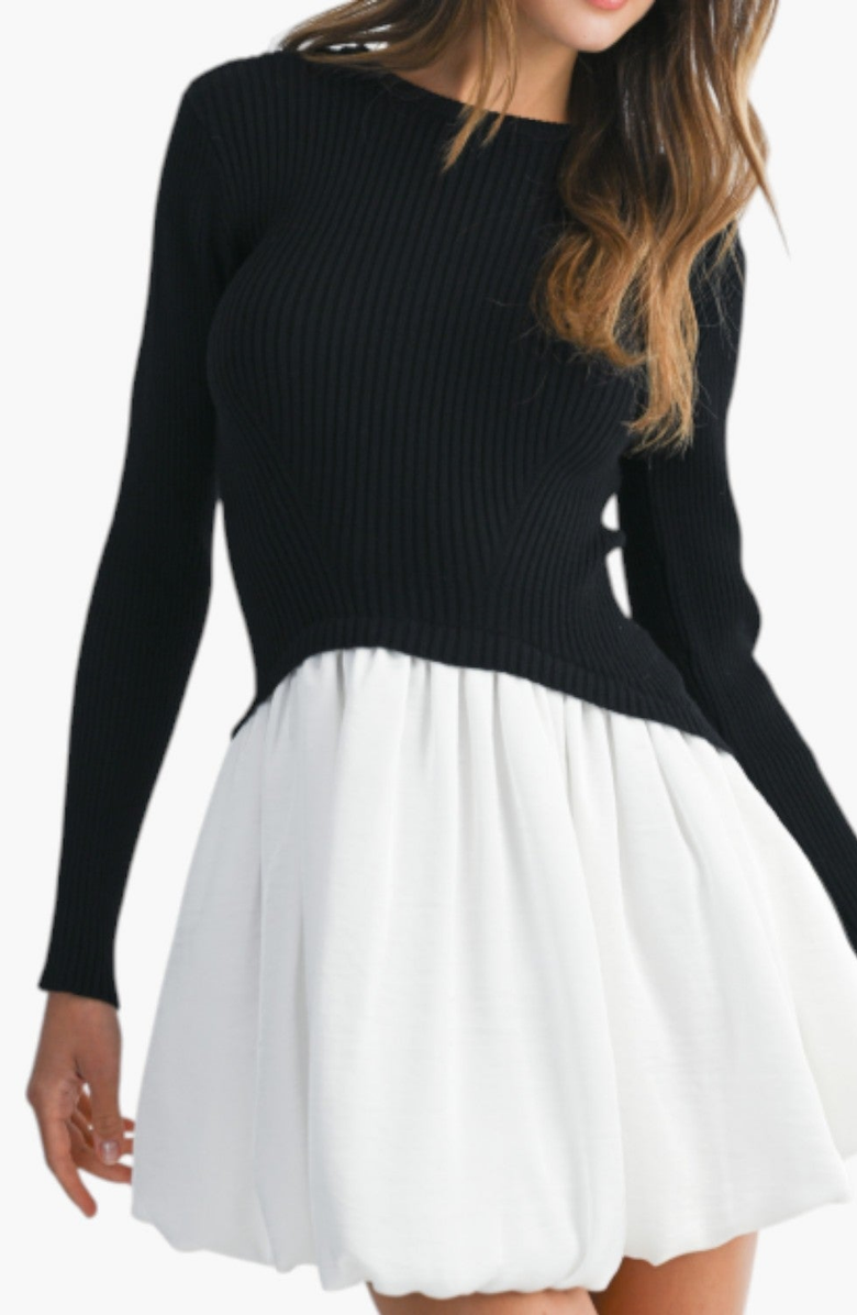 Modenaire Knit and Woven Fit-and-Flare Mini Dress with Ribbed Long Sleeve Top, Alternate, color, Black / White