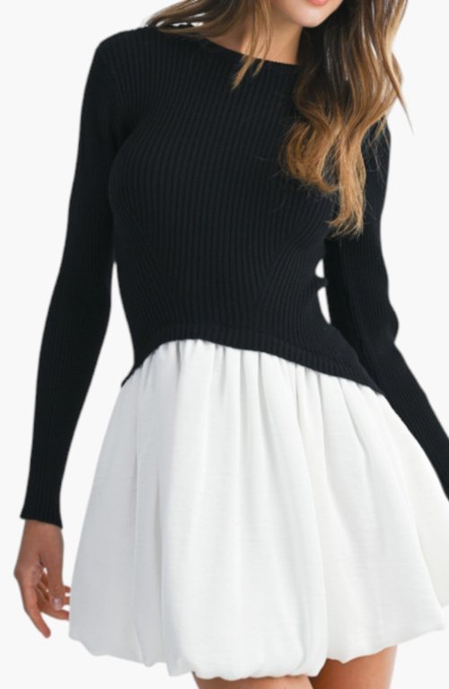 Modenaire Knit And Woven Fit-and-flare Mini Dress With Ribbed Long Sleeve Top In Multi