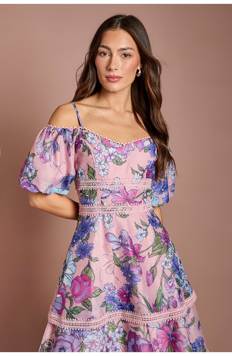 Coast Printed Organza Lace Midi Dress, Alternate, color, Pink