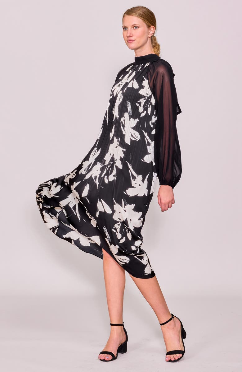 MELLODAY Pleated Mixed Media Dress, Alternate, color, Black/ White Floral