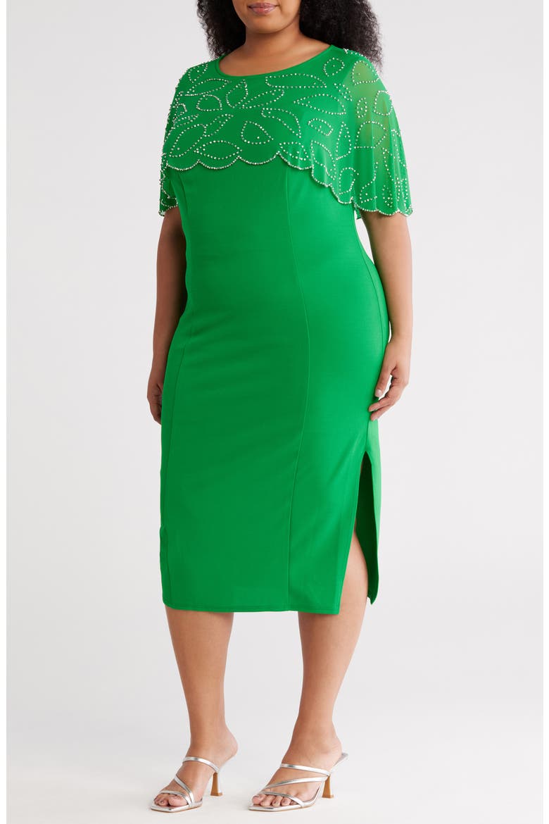 Crystal Embellished Capelet Sheath Dress, Main, color, KELLY GREEN