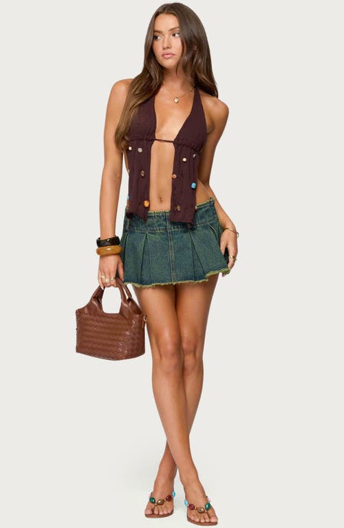 Edikted Beaded Distressed Split Front Halter Top In Brown