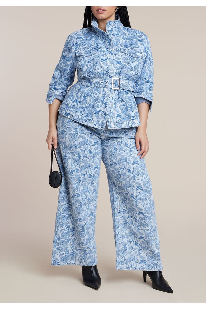 Lace Printed Denim Belted Jacket, Alternate, color, CHANTILLY DENIM