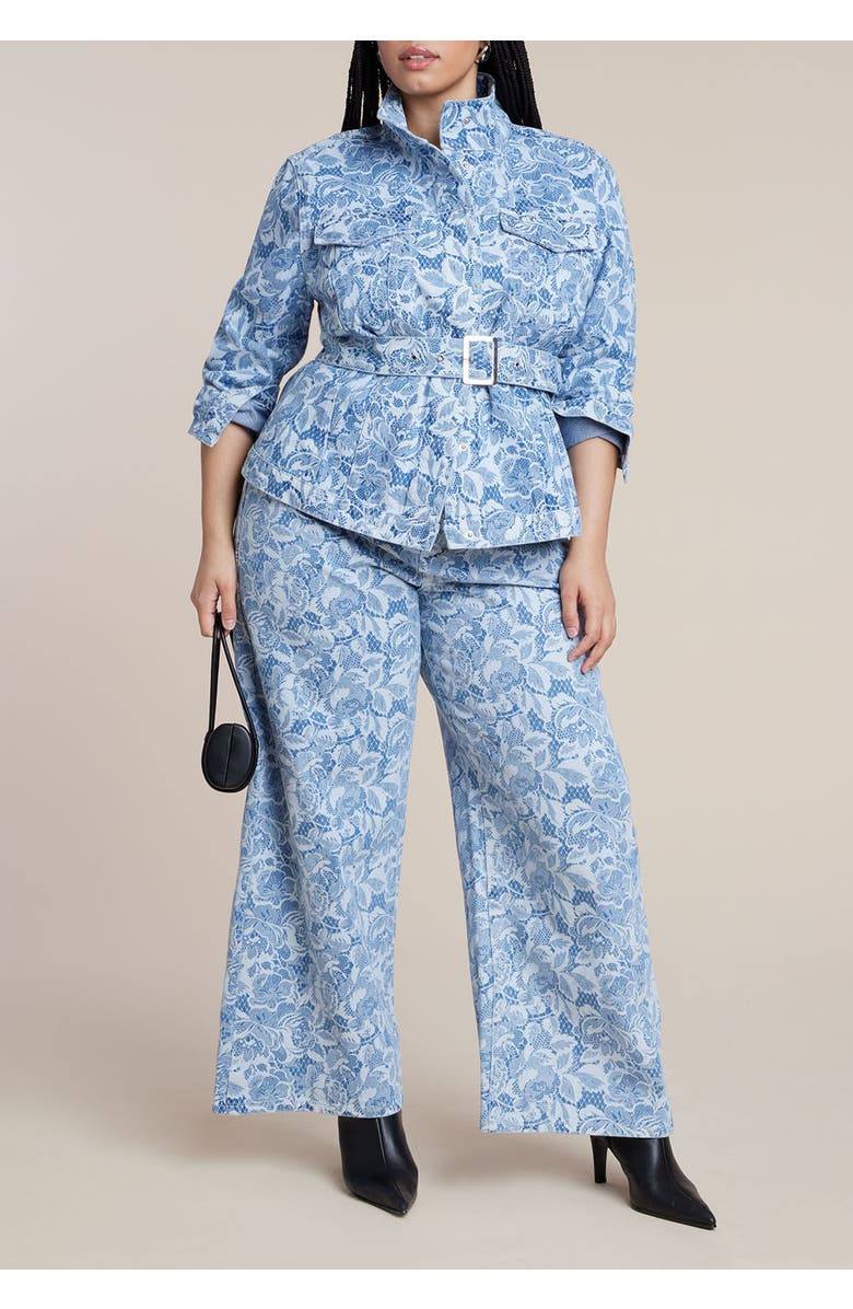 ELOQUII Lace Printed Denim Belted Jacket, Alternate, color, Chantilly Denim