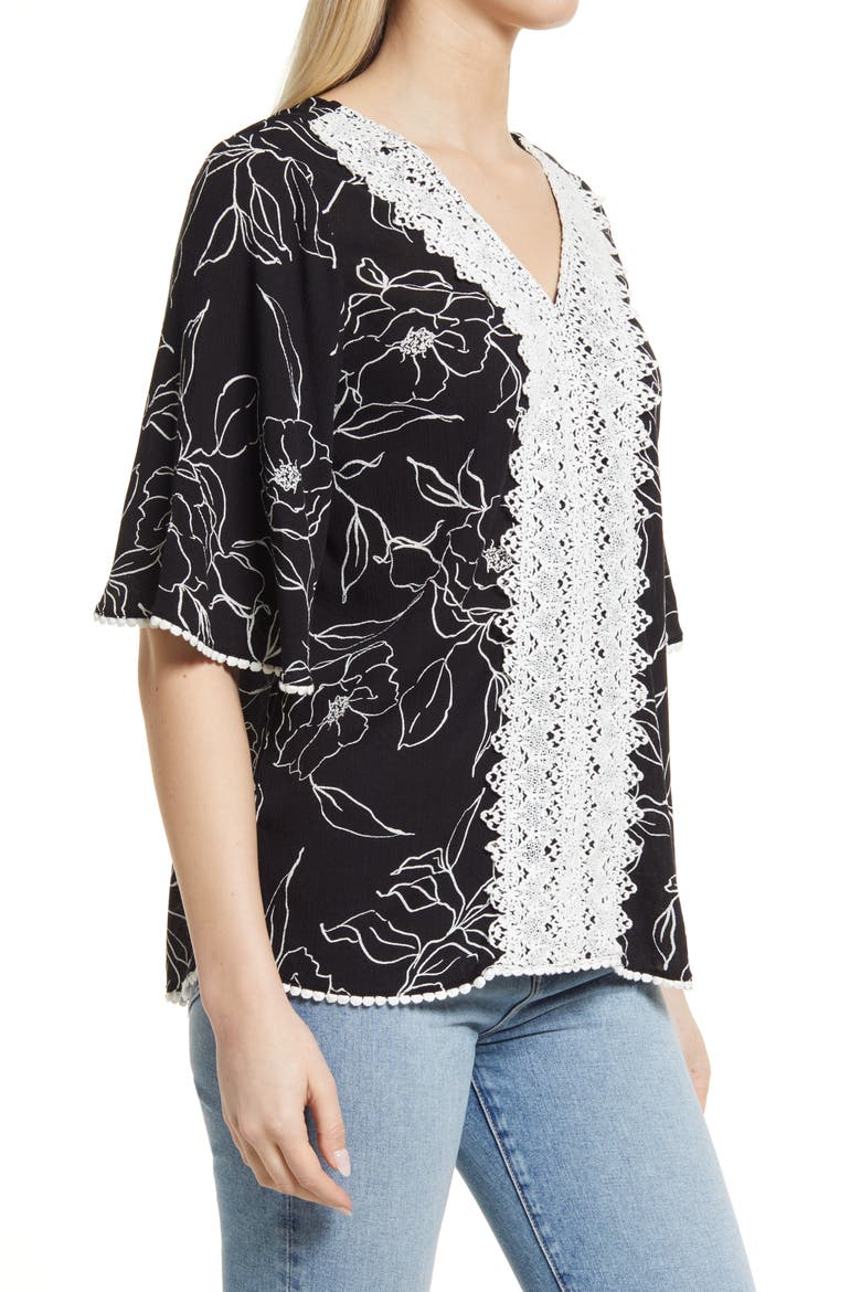 Lace Trim Floral Woven Blouse, Alternate, color, BLACK STENCIL