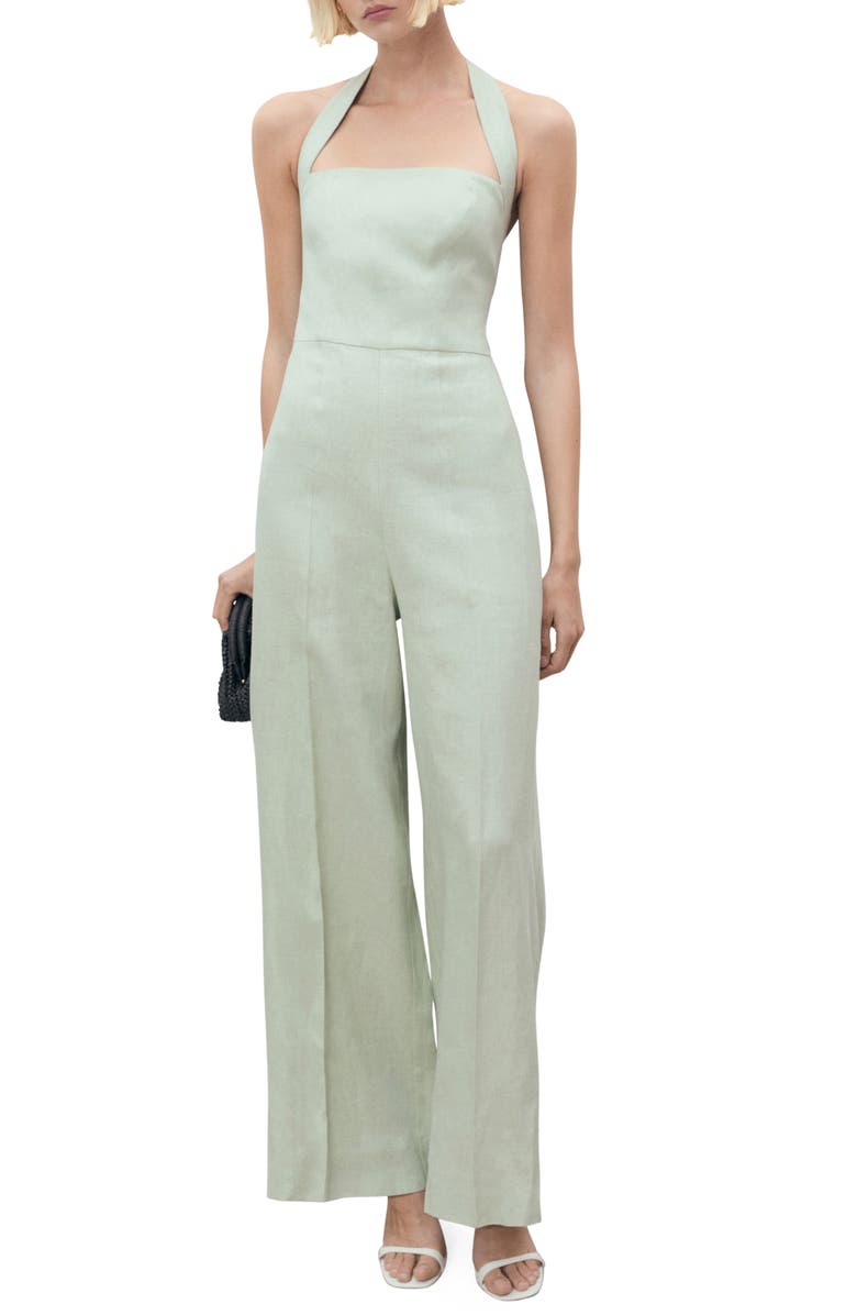 MANGO Halter Linen Jumpsuit, Main, color, Pastel Green