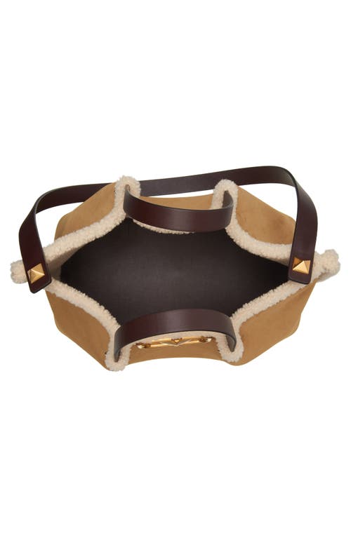 Valentino Garavani Medium Vlogo Genuine Shearling Trim Suede Tote In Brown