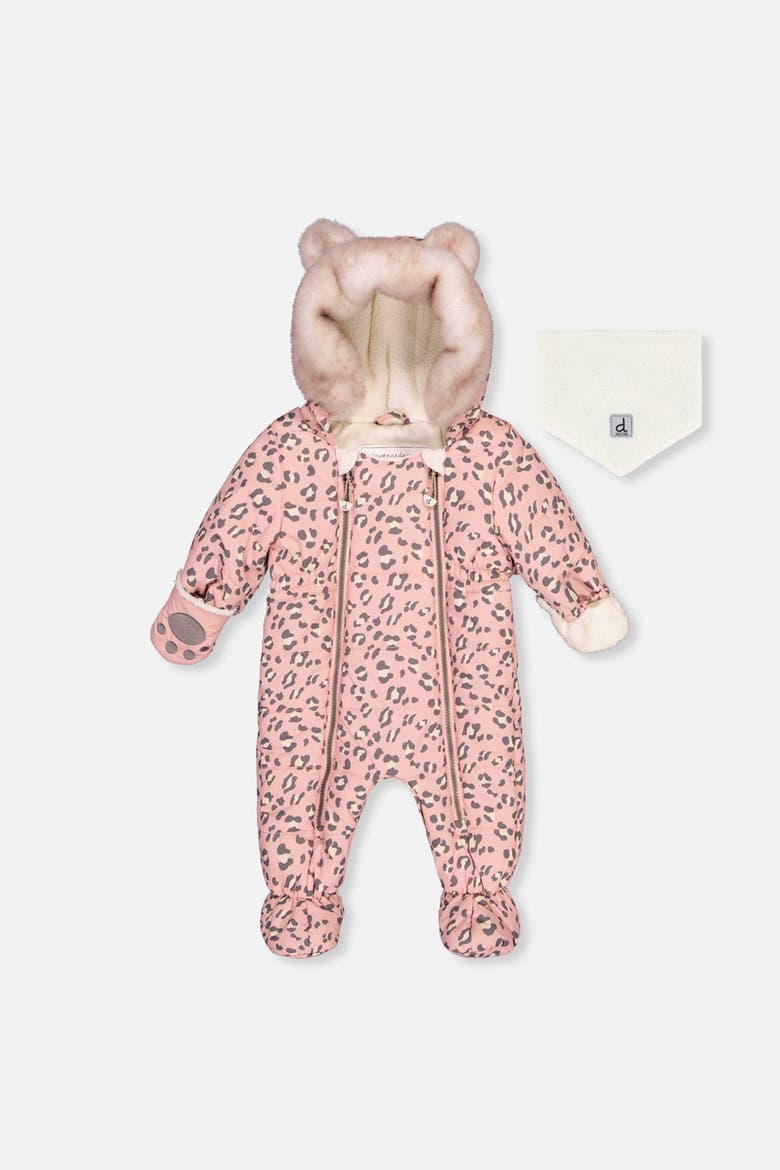 Car Seat Leopard Paw Fleece Neckwarmer One Piece Snowsuit, Main, color, Rose Leopard Print