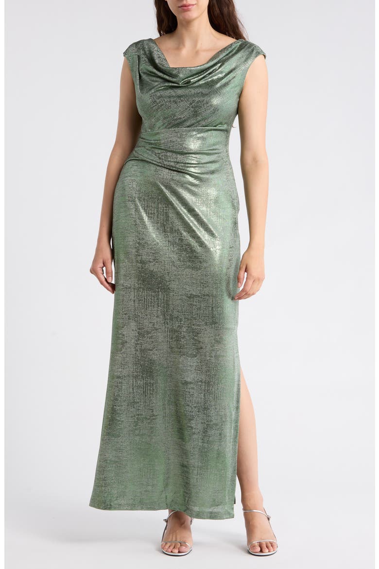 Metallic Cowl Neck Sleeveless Gown, Main, color, SAGE