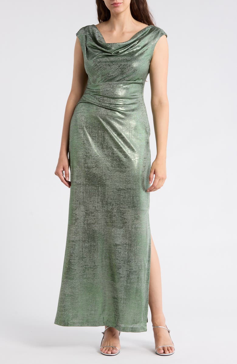 Connected Apparel Metallic Cowl Neck Sleeveless Gown, Main, color, Sage