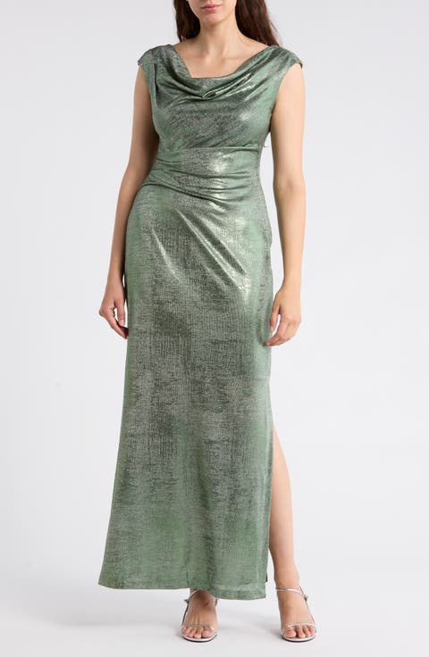 Metallic Cowl Neck Sleeveless Gown