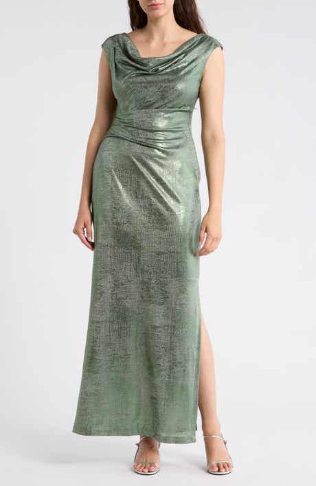Connected Apparel Metallic Cowl Neck Sleeveless Gown