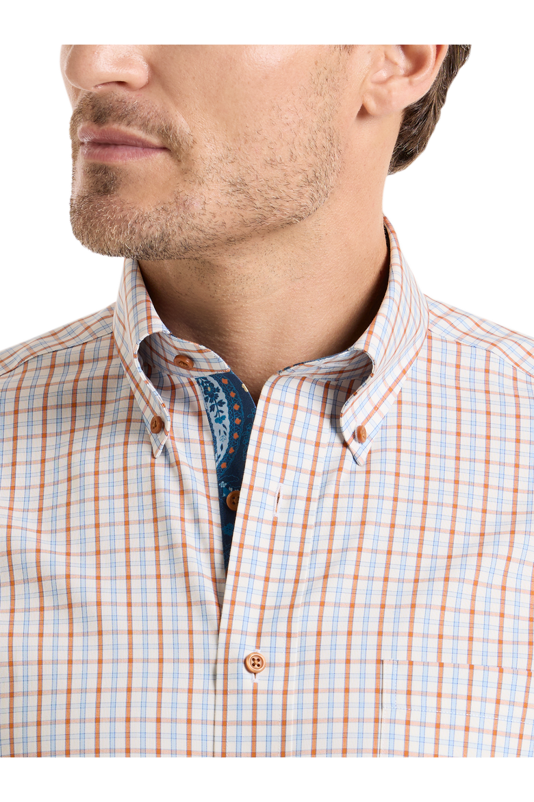 Cotton Buttondown Collar Pinpoint Slim Contrast Trim Button Cuff Long Sleeve Shirt, Alternate, color, BLUE/RUST