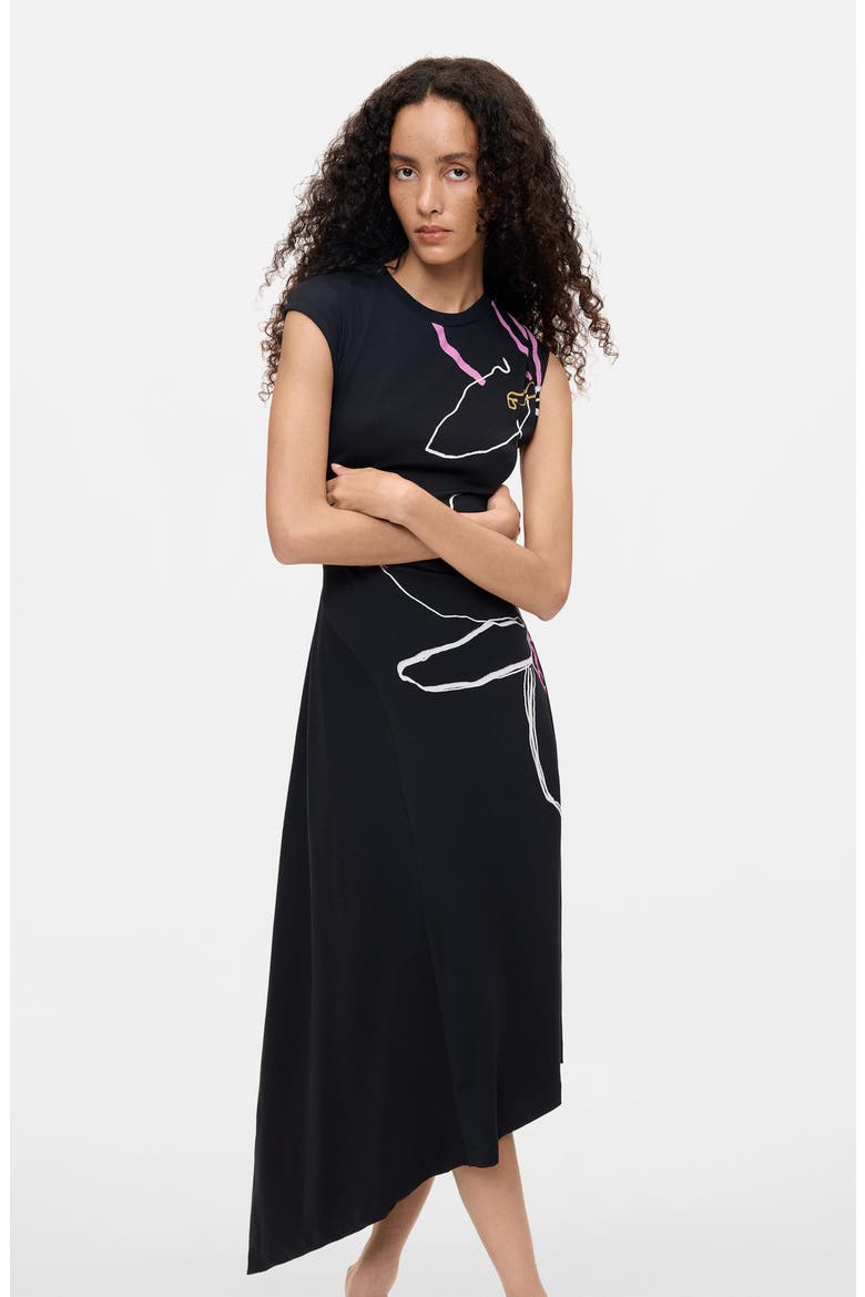 Asymmetric Floral Dress, Alternate, color, BLACK