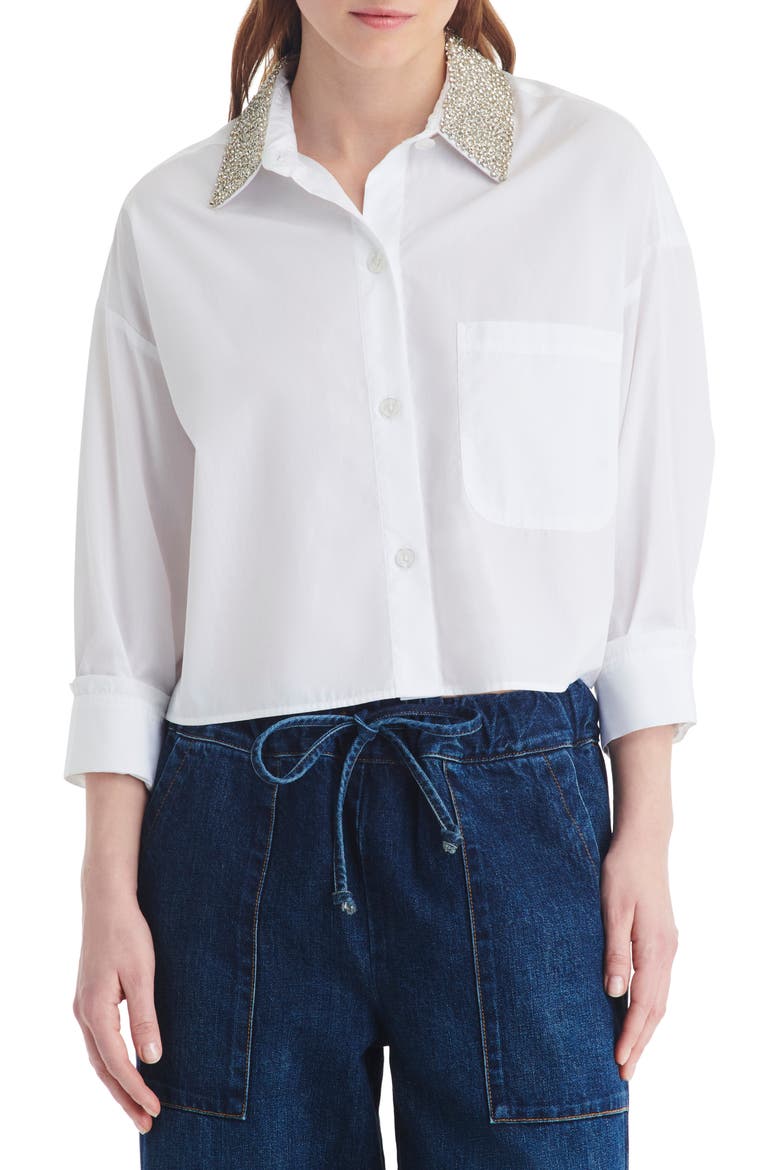 Soon to Be Ex Crystal Collar Crop Button-Up Shirt, Main, color, WHITE