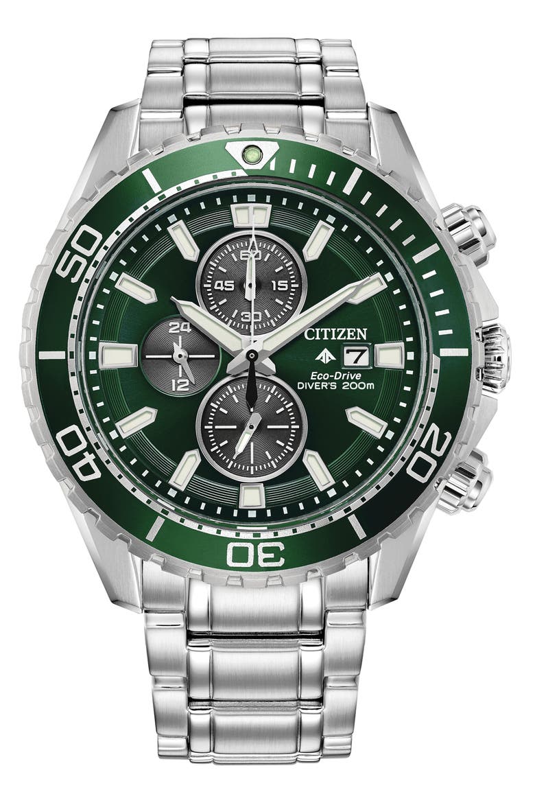 Promaster Dive Eco-Drive Bracelet Watch, 46mm, Main, color, GREEN/ SILVER-TONE