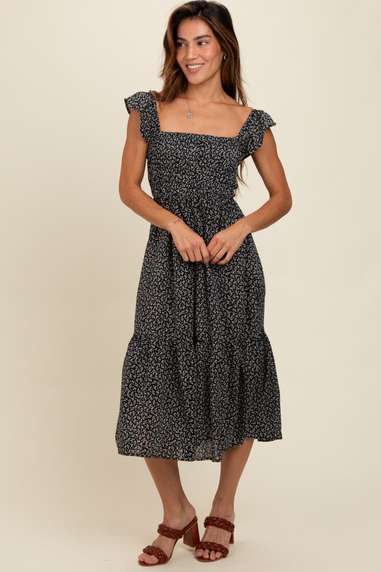 Ruffle Strap Smocked Mid Dress, Alternate, color, Black