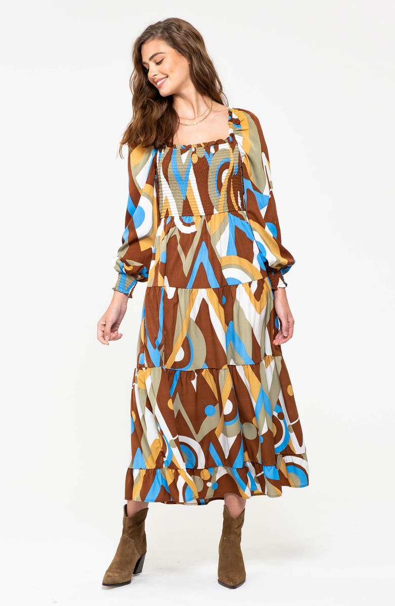 AUGUST SKY Abstract Print Long Sleeve Tiered Dress, Alternate, color, 