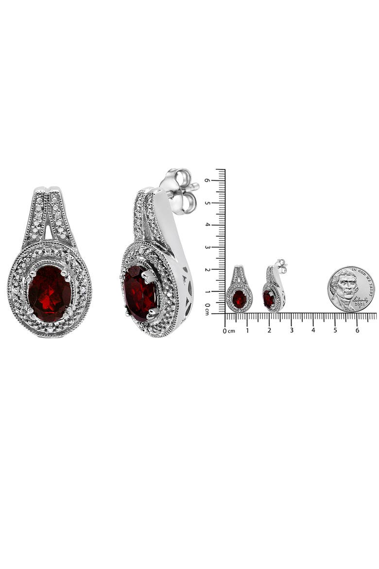Silver Diamond Accent and 8x6mm Red Oval Garnet Stud Earrings, Alternate, color, White