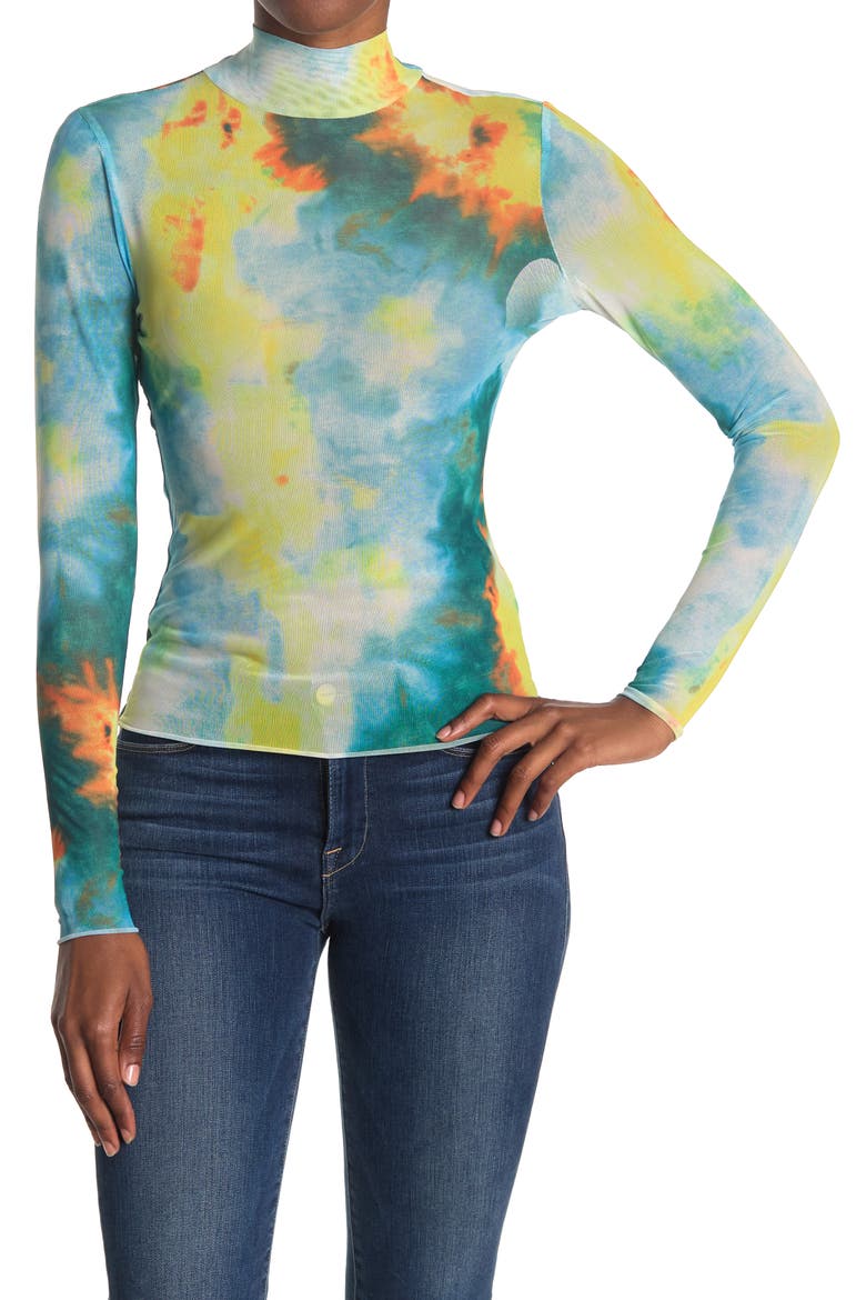 Zoe Mock Neck Mesh Top, Main, color, TEAL/YELLOW TIE DYE