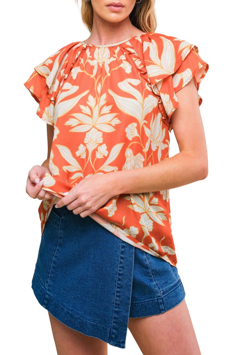 Tiered Flutter Sleeve Top, Main, color, RUST