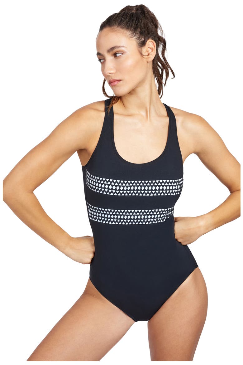 Supernova Round neck one piece swimsuit, Alternate, color, BLACK
