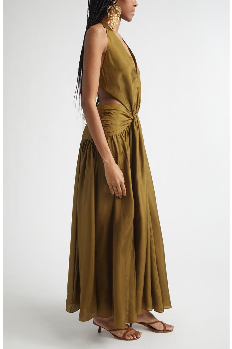 Indra Plunge Halter Silk Maxi Dress, Alternate, color, OLIVE