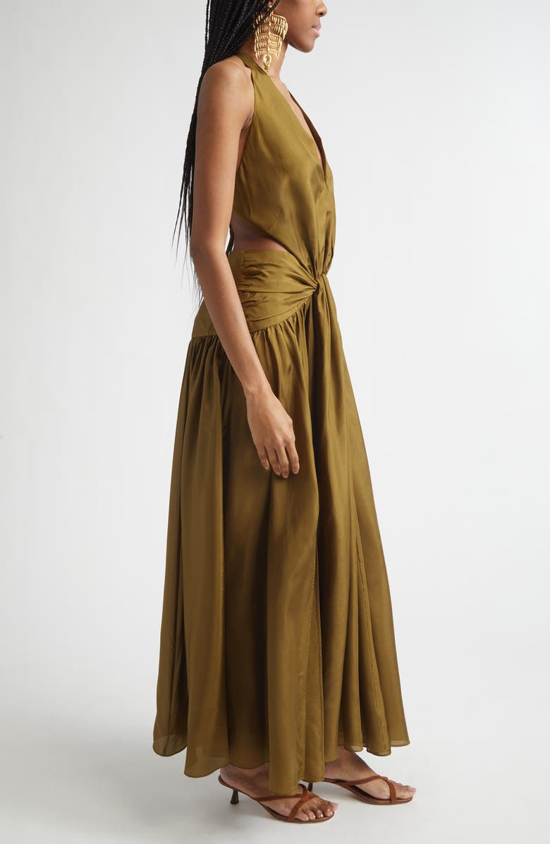 Zimmermann Indra Plunge Halter Silk Maxi Dress, Alternate, color, Olive