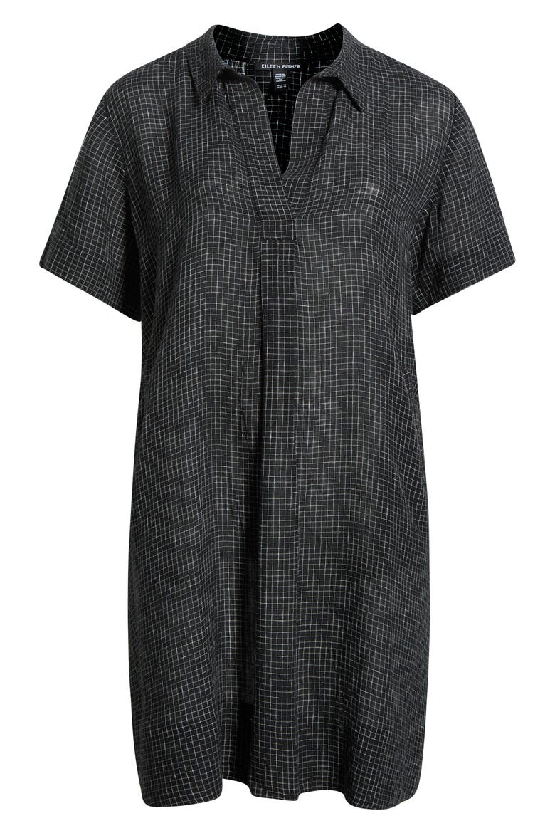 Windowpane Plaid Elbow Sleeve Organic Linen Shift Dress, Alternate, color, BLACK/ WHITE