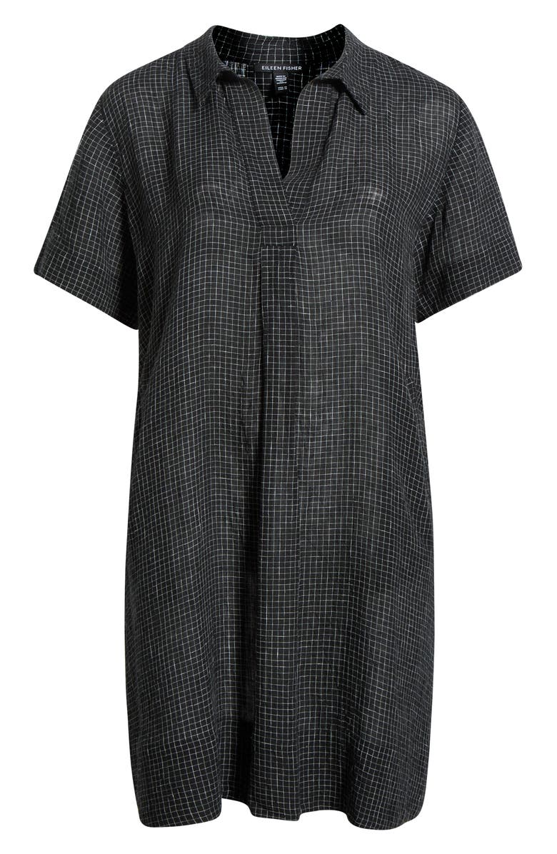 Eileen Fisher Windowpane Plaid Elbow Sleeve Organic Linen Shift Dress, Alternate, color, Black/ White