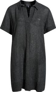 Eileen Fisher Windowpane Plaid Elbow Sleeve Organic Linen Shift Dress