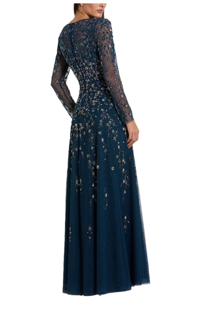 Mac Duggal Embellished Wrap Over Illusion Long Sleeve A Line Gown, Alternate, color, Twilight